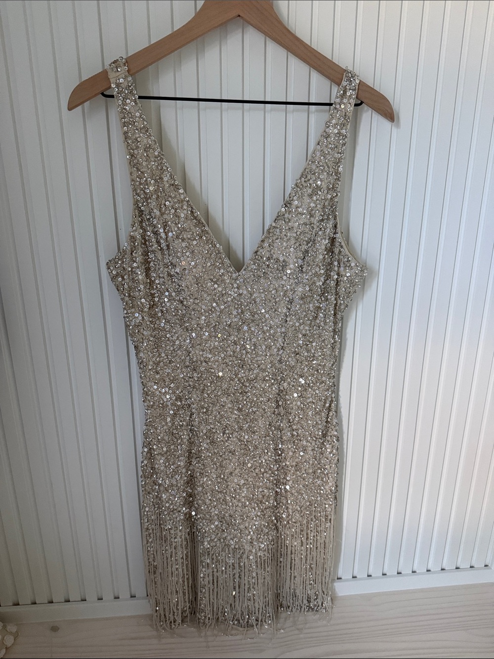 Beaded V-Neck Champagne Sequin Fringe Dress